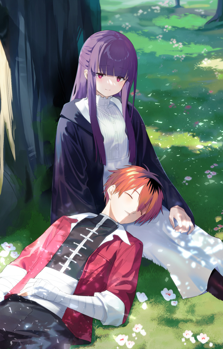 1boy, 1girl, against_tree, bandaged_arm, bandages, black_coat, black_pants, black_pantyhose