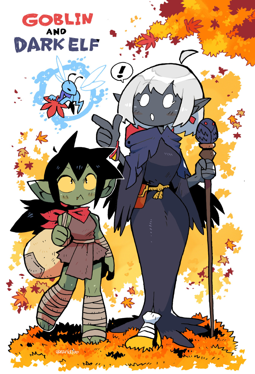 2girls, :<, :d, absurdres, autumn, autumn_leaves, bandaged_arm, bandaged_leg