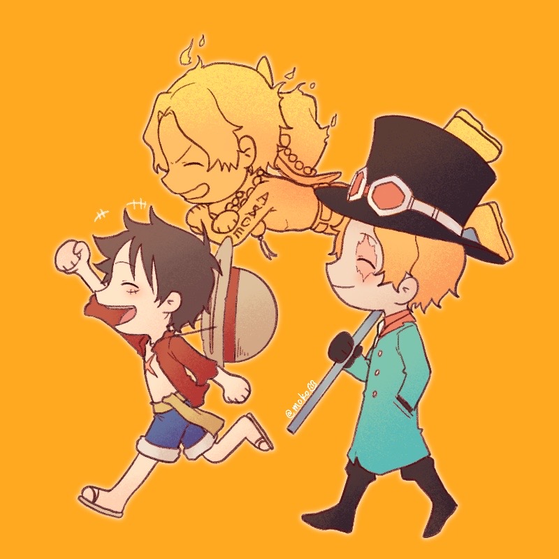 3boys, aqua_coat, black_boots, black_hair, black_hat, blonde_hair, blue_shorts, boots, brothers, burn_scar, closed_eyes, closed_mouth, coat, cross_scar, deformed, fire, full_body, ghost, goggles, goggles_on_headwear, hand_in_pocket, hat, holding, holding_lead_pipe, lead_pipe, male_focus, moko_(gloriaaaaaa), monkey_d._luffy, multiple_boys, one_piece, open_mouth, orange_background, portgas_d._ace, sabo_(one_piece), scar, scar_across_eye, scar_on_cheek, scar_on_chest, scar_on_face, short_hair, shorts, siblings, smile, straw_hat, top_hat, walking