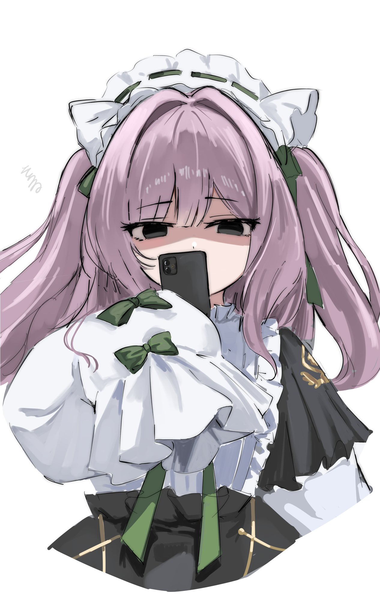 1girl, azur_lane, black_eyes, cellphone, cropped_torso, dress, frilled_dress, frilled_hairband