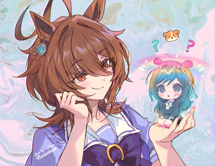 2girls, ?, abstract_background, agnes_tachyon's_trainer, agnes_tachyon_(umamusume), ahoge, animal_ears, artist_name