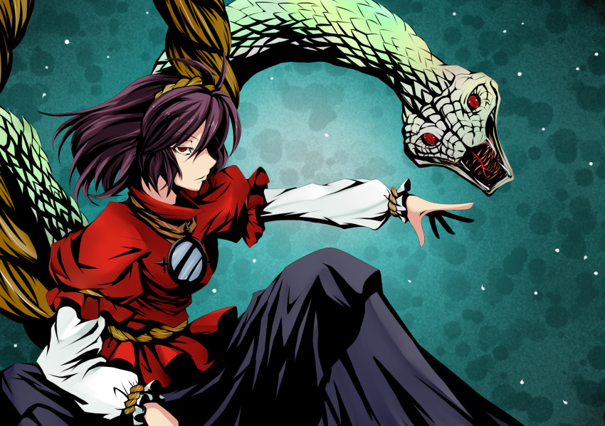 1girl, colored, highres, koji_(koji-a), long_skirt, meicha_(drill-biyori), meicha_(duelforce), mishaguji, purple_hair, red_eyes, shimenawa, short_hair, skirt, slit_pupils, snake, solo, touhou, yasaka_kanako