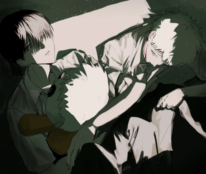 2boys, black_hair, black_pants, closed_mouth, collared_shirt, hashtag-only_commentary, highres, highugkomori2