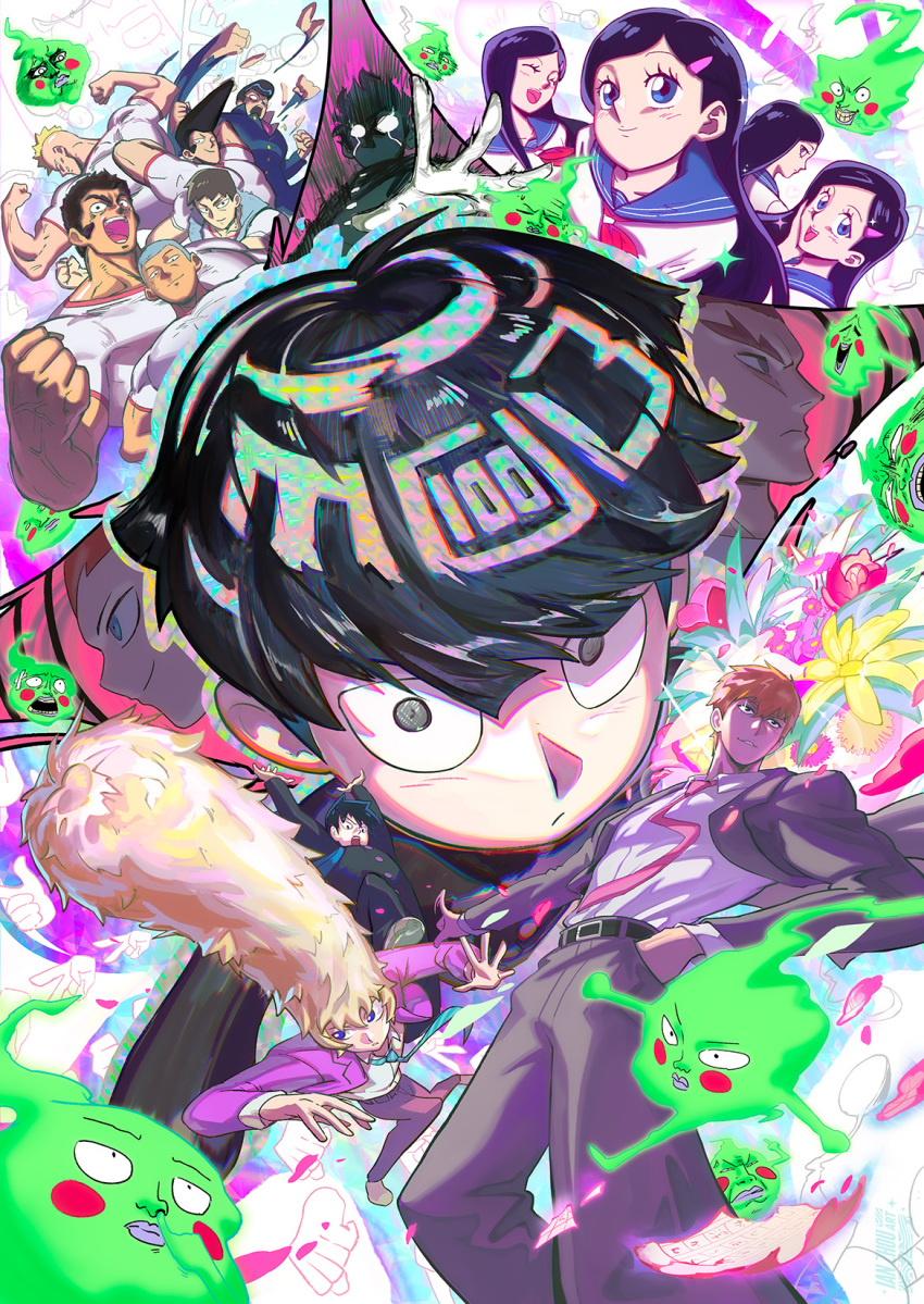 1girl, 2girls, 6+boys, 6+girls, black_eyes, black_hair, blonde_hair, blue_eyes