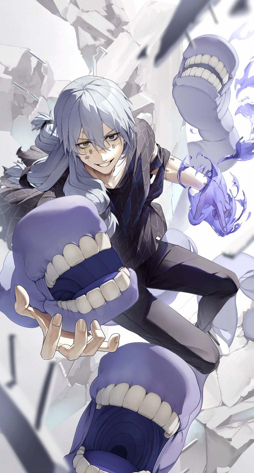 1boy, absurdres, air_(ai_r_), blue_eyes, blue_hair, cursed_energy_(jujutsu_kaisen), full_body, grin, hair_ornament, hair_scrunchie, heterochromia, highres, jujutsu_kaisen, long_hair, low-tied_long_hair, mahito_(jujutsu_kaisen), male_focus, monster, rubble, scrunchie, smile, solo, stitched_arm, stitched_face, stitches, teeth, worm, yellow_eyes