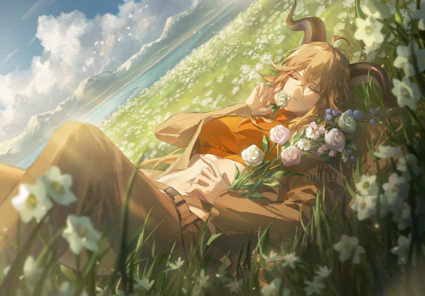 1girl, animal_ears, arknights, blonde_hair, blue_flower, brown_jacket, brown_pants, closed_eyes