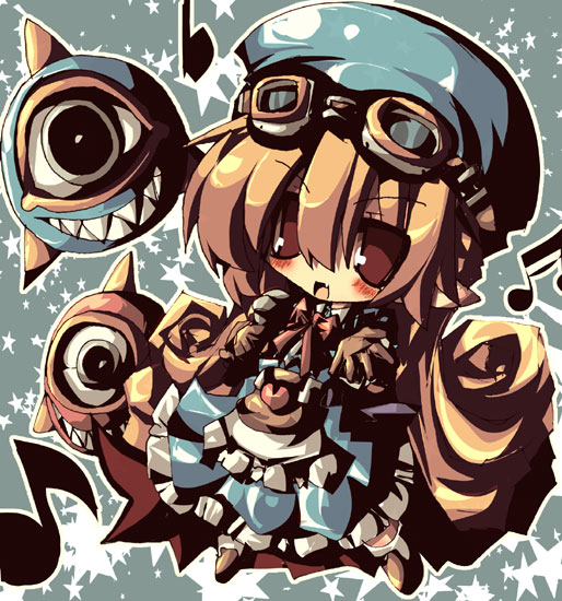 apron, bag, blush, bow, brown_hair, chibi, curly_hair, dango_mushi, dress, gloves, goggles, goggles_on_head, grey_background, hat, heart, long_hair, marivel_armitage, microphone, musical_note, red_eyes, ribbon, shoes, singing, smile, sparkle, star, starry_background, vampire, wild_arms, wild_arms_2