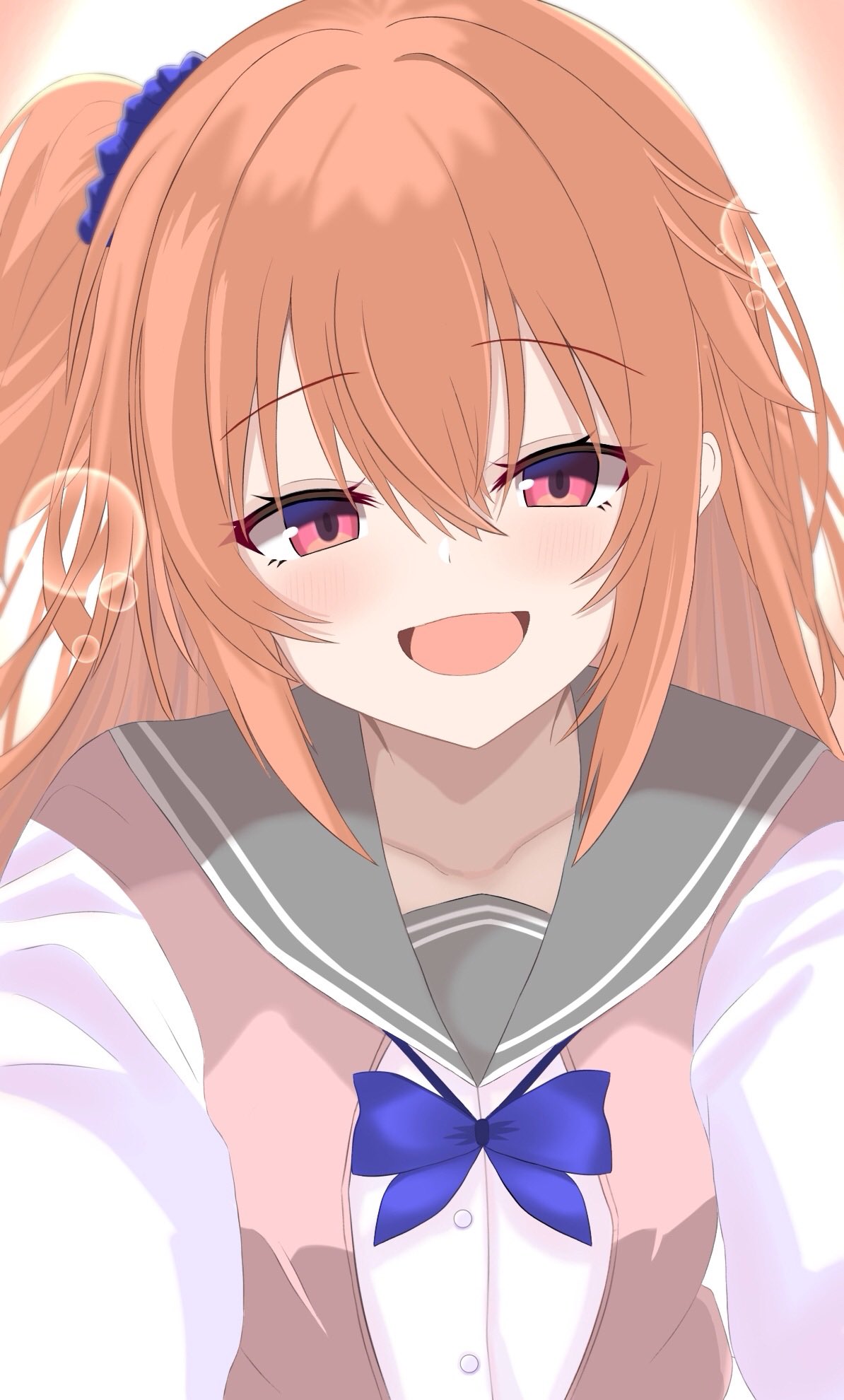 1girl, :d, blue_bow, blue_bowtie, blue_scrunchie, blush, bow, bowtie