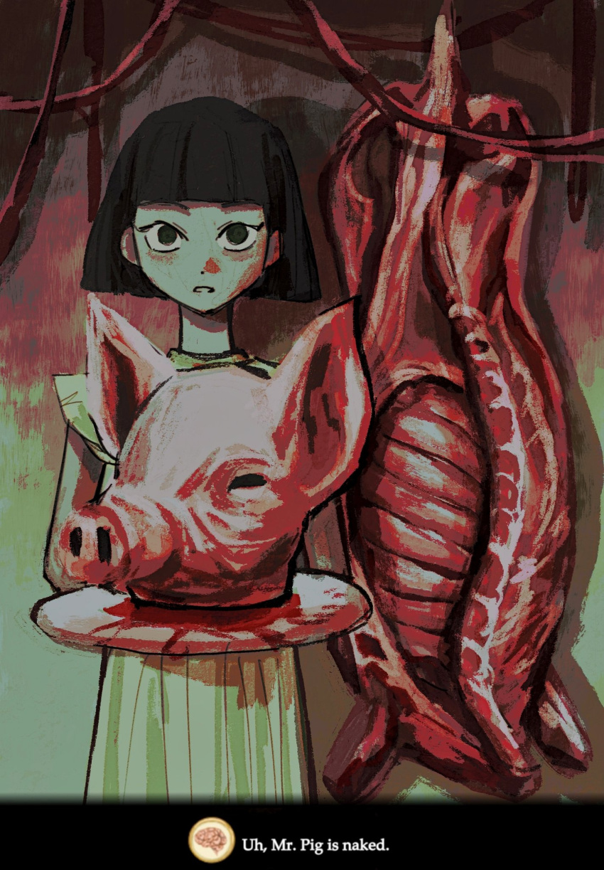 1girl, butcher_shop_(place), carbolic20, corpse, dead_animal, dress, english_text, fran_bow