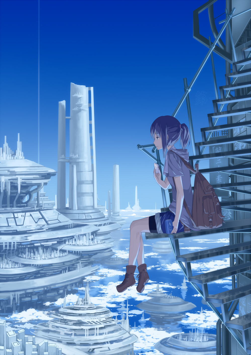 ac_(eshi), backpack, bag, black_hair, blue_eyes, blue_hair, blue_sky, building