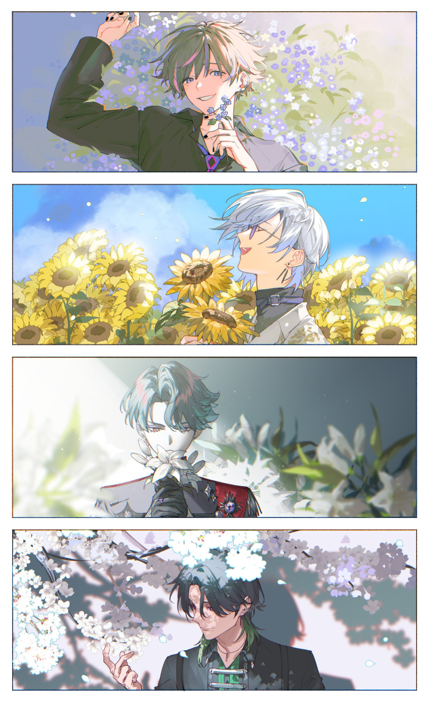 4boys, :d, absurdres, arm_up, black_gloves, black_hair, black_nails, black_shirt