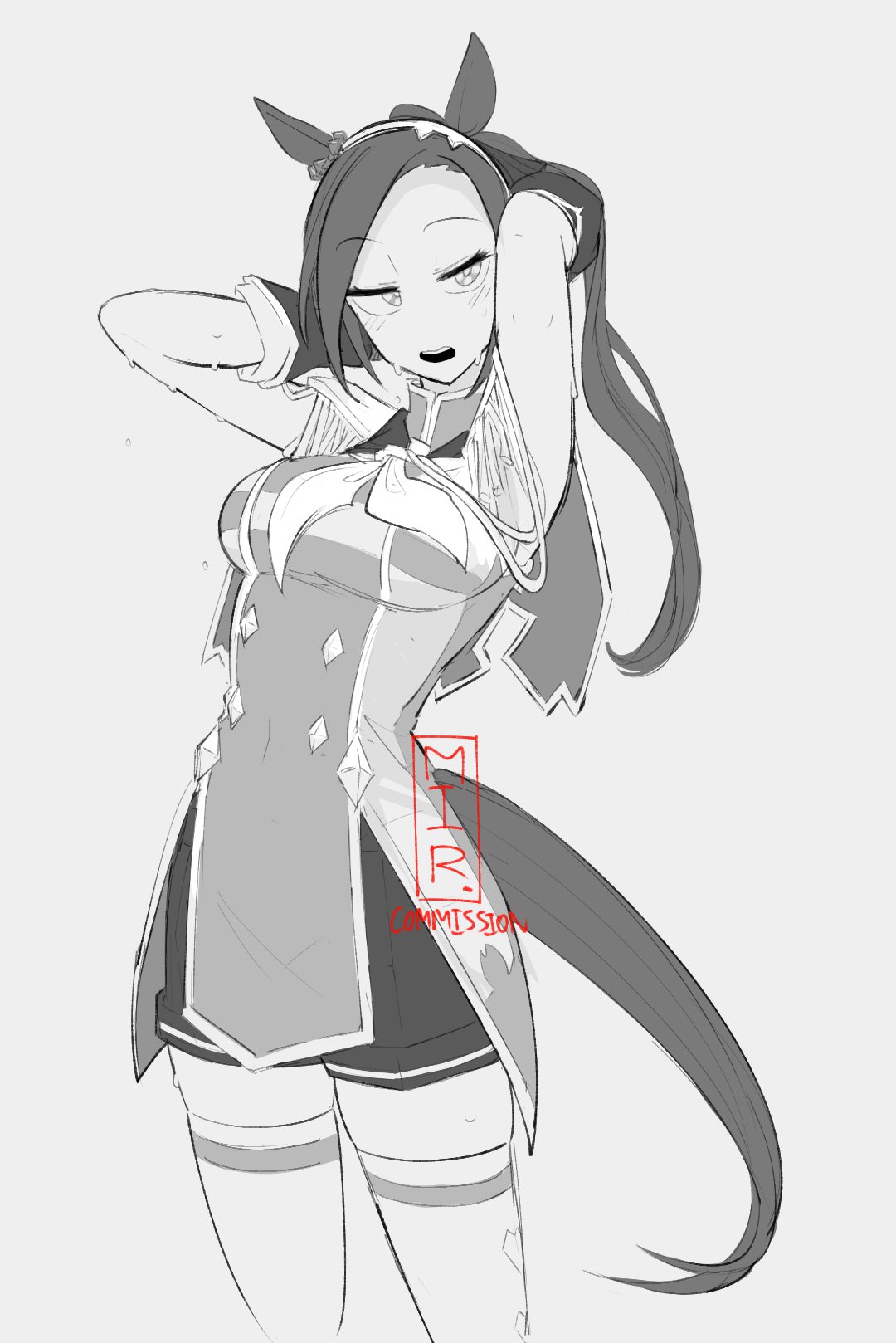 1girl, animal_ears, armpits, arms_up, breasts, collared_dress, commission, dress