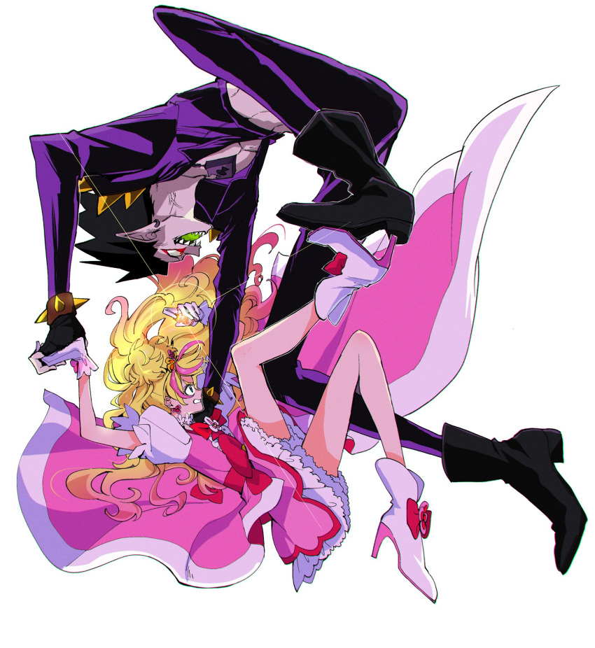 1boy, 1girl, 62kaeru, black_hair, black_pants, black_shirt, blonde_hair, character_request