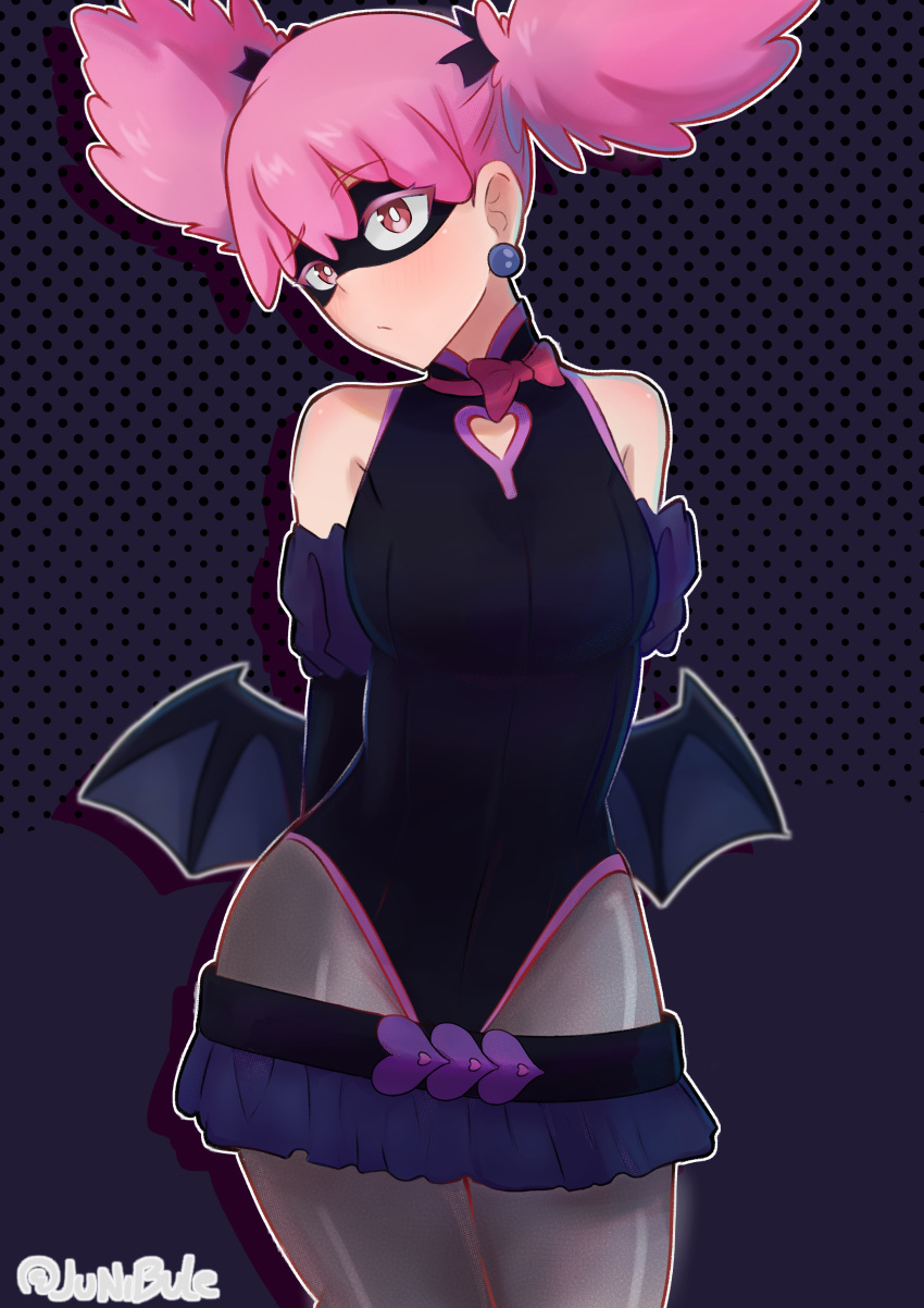 1girl, absurdres, arms_behind_back, black_leotard, black_mask, black_pantyhose, blush, boku_no_hero_academia, breasts, clothing_cutout, detached_sleeves, domino_mask, earrings, eye_mask, gloves, haneyama_kazuho, heart, heart_cutout, highres, jewelry, jun_2323, leotard, looking_up, low_wings, mask, original, pantyhose, pink_eyes, pink_hair, pink_trim, skirt, solo, thigh-highs, twintails, vigilante_-boku_no_hero_academia:_illegals-, wings