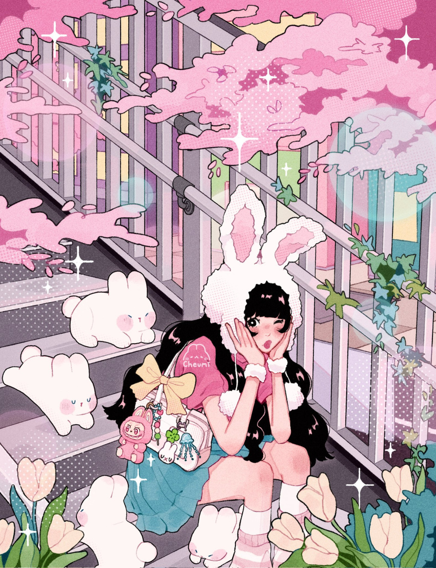 1girl, animal, animal_ears, animal_hat, artist_logo, artist_name, black_eyes, black_hair, blunt_bangs, cherry_blossoms, cheumi, commentary, english_commentary, flower, foliage, hands_on_own_face, hat, highres, labubu, leg_warmers, lips, logo, long_hair, moss, original, outdoors, pink_shirt, plant, pop_mart, rabbit, rabbit_ears, rabbit_hat, railing, shirt, short_sleeves, sitting, skirt, solo, sparkle, stairs, stuffed_toy, trinkets, tulip, white_flower, white_tulip