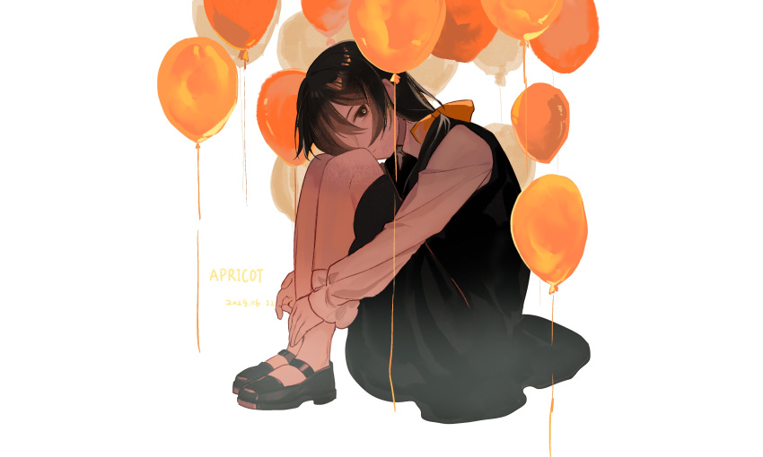1girl, absurdres, apricot_(vocaloid), balloon, black_dress, black_eyes, black_hair, black_shoes