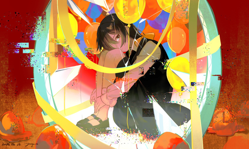 1girl, abstract_background, absurdres, apricot_(fruit), apricot_(vocaloid), balloon, black_dress, black_eyes