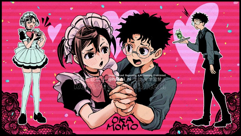 >_<, 1boy, 1girl, apron, ayase_momo, black_choker, black_dress, black_pants