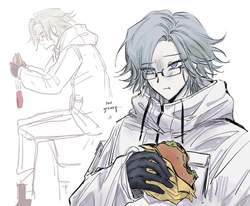 100horses, 1boy, :t, aotsuki_eito, black_gloves, burger, chewing, commentary