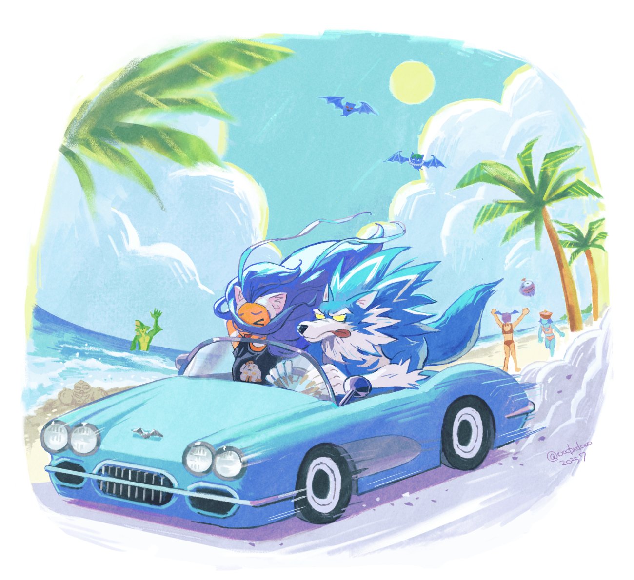 >_<, animal_ears, beach, blue_fur, blue_hair, body_fur, car, cat_ears