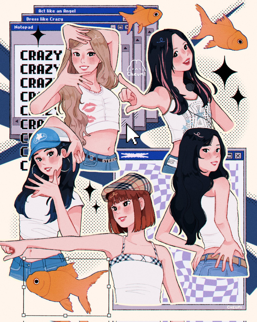 5girls, artist_logo, artist_name, baseball_cap, black_hair, blonde_hair, blush, bob_cut
