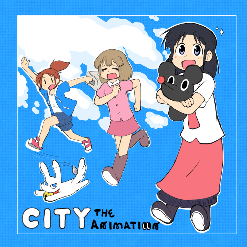3girls, =_=, animal, ayumu_niikura, black_hair, black_shoes, blonde_hair, blue_background
