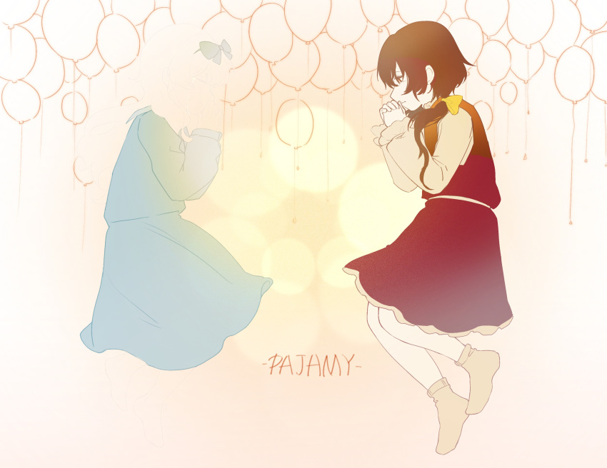 2girls, absurdres, black_dress, black_hair, blue_bow, blue_dress, bow, chinese_commentary