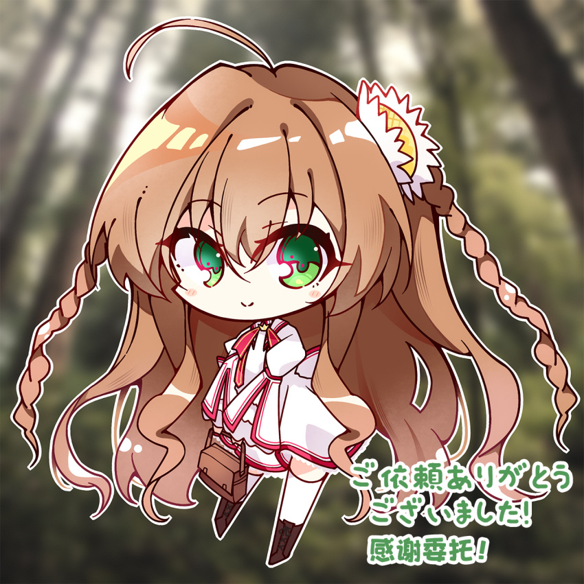 1girl, ahoge, bag, blurry, blurry_background, blush_stickers, boots, braid, brown_boots, brown_hair, chibi, chibi_only, closed_mouth, commission, eyes_visible_through_hair, flower, full_body, green_eyes, hair_between_eyes, hair_flower, hair_ornament, hashtag-only_commentary, highres, holding, holding_bag, huge_ahoge, juliet_sleeves, kanbe_kotori, kazamatsuri_institute_high_school_uniform, lace-up_boots, long_hair, long_sleeves, looking_at_viewer, mikuyaa39, outline, photo_background, puffy_sleeves, rewrite, school_bag, school_uniform, smile, solo, split_mouth, standing, tareme, thigh-highs, translation_request, twin_braids, v_arms, very_long_hair, wavy_hair, white_flower, white_outline, white_thighhighs, wide_sleeves, zettai_ryouiki