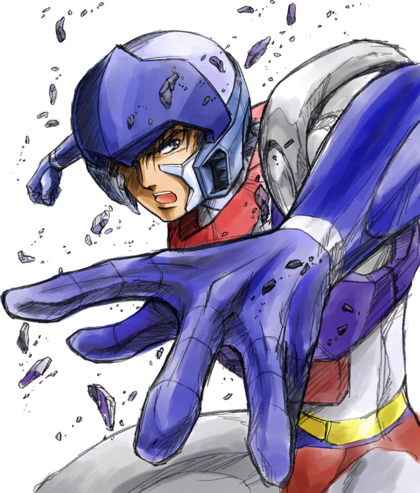 1boy, armor, blue_eyes, clenched_hand, habara_nobuyoshi, helmet, highres, looking_at_viewer