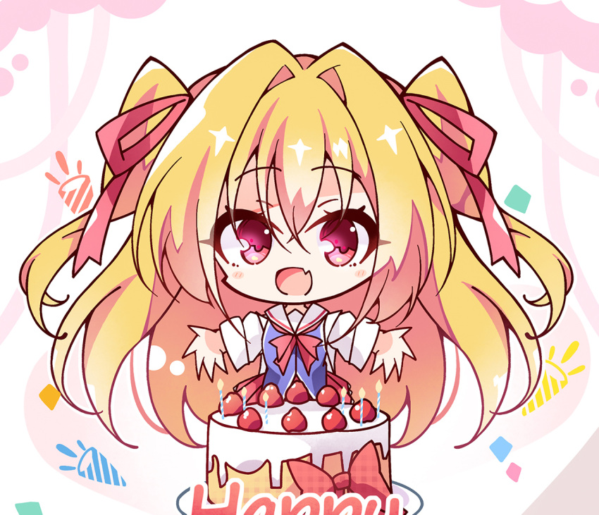 1girl, :d, birthday, birthday_cake, blonde_hair, blue_shirt, blush_stickers, bow