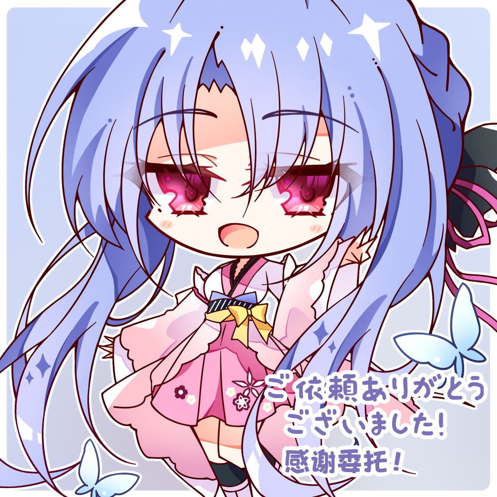 1girl, :d, black_bow, black_socks, blue_butterfly, blue_hair, blush_stickers, border