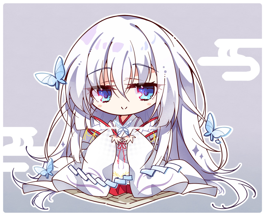1girl, blue_butterfly, blue_eyes, blunt_ends, blush_stickers, border, bug, butterfly