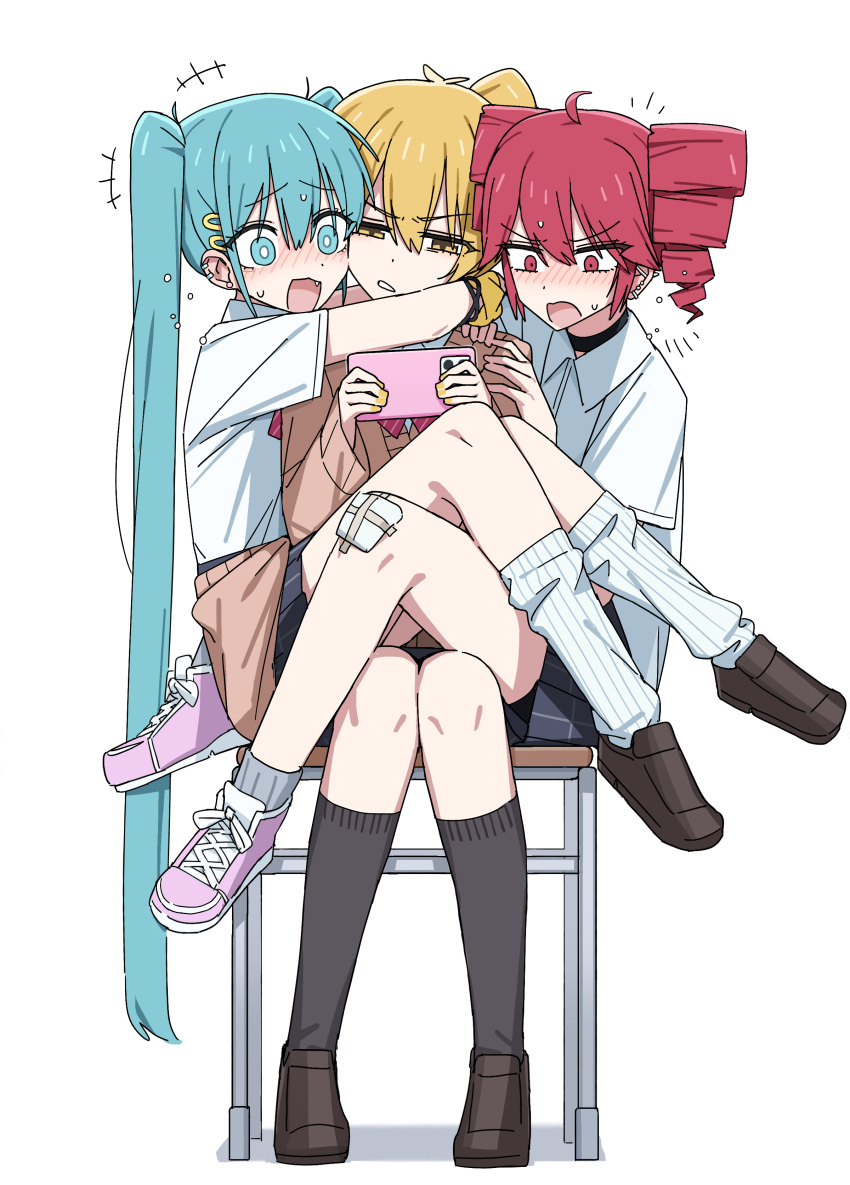 +++, 3girls, absurdres, akita_neru, antenna_hair, aqua_eyes, aqua_hair, bandaged_leg, bandages, bike_shorts_under_skirt, black_choker, black_socks, blonde_hair, blush, bright_pupils, cellphone, chair, channel_(caststation), choker, clothes_around_waist, commentary, drill_hair, duplicate, fang, flying_sweatdrops, full_body, gauze, gauze_on_knee, hair_between_eyes, hair_ornament, hairclip, hatsune_miku, highres, holding, holding_phone, hug, kasane_teto, leg_warmers, loafers, long_hair, long_sleeves, multiple_girls, nail_polish, nose_blush, notice_lines, open_mouth, phone, pink_shoes, pixel-perfect_duplicate, pleated_skirt, red_eyes, red_hair, school_uniform, shared_chair, shirt, shoes, short_sleeves, simple_background, sitting, skirt, smartphone, sneakers, socks, sweat, triple_baka_(vocaloid), triple_ryuunen, twin_drills, twintails, utau, very_long_hair, vocaloid, white_background, white_pupils, white_shirt, white_socks, yellow_eyes, yellow_nails