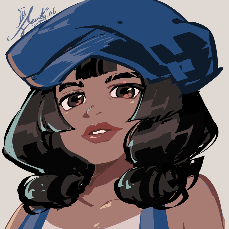 1girl, atlantis:_the_lost_empire, audrey_ramirez, black_hair, blue_hat, blue_overalls, blunt_bangs, commentary_request, dark-skinned_female, dark_skin, emase_(foxmoon), hat, long_hair, overalls, parted_lips, signature, solo, upper_body
