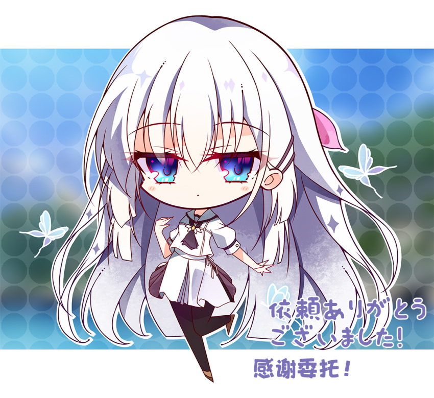 1girl, black_pantyhose, blue_butterfly, blue_eyes, blunt_ends, blurry, blurry_background, blush_stickers