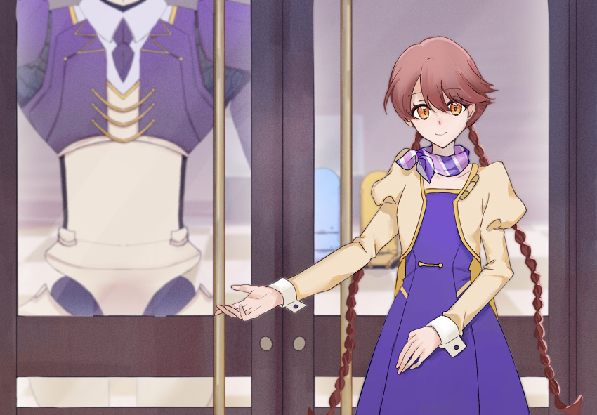 1boy, 1girl, apocalypse_hotel, bandana, bandana_around_neck, braid, brown_hair, door