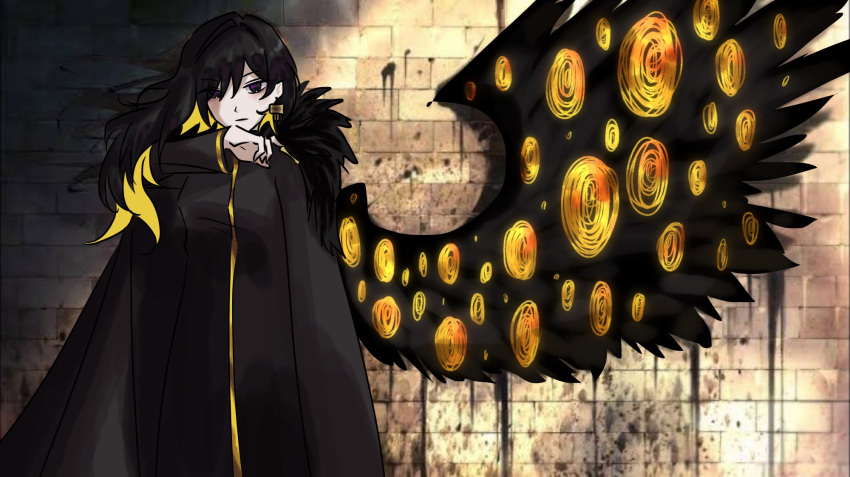 1girl, angel_with_a_shotgun, binah_(project_moon), black_coat, black_dress, black_eyes, black_hair, blonde_hair, coat, colored_inner_hair, commentary, drawn_wings, dress, earrings, english_commentary, fur-trimmed_coat, fur_trim, highres, jewelry, library_of_ruina, lobotomy_corporation, long_hair, long_sleeves, looking_at_viewer, multicolored_hair, project_moon, sindrblock, single_wing, solo, spray_paint, standing, upper_body, wings, yellow_eyes