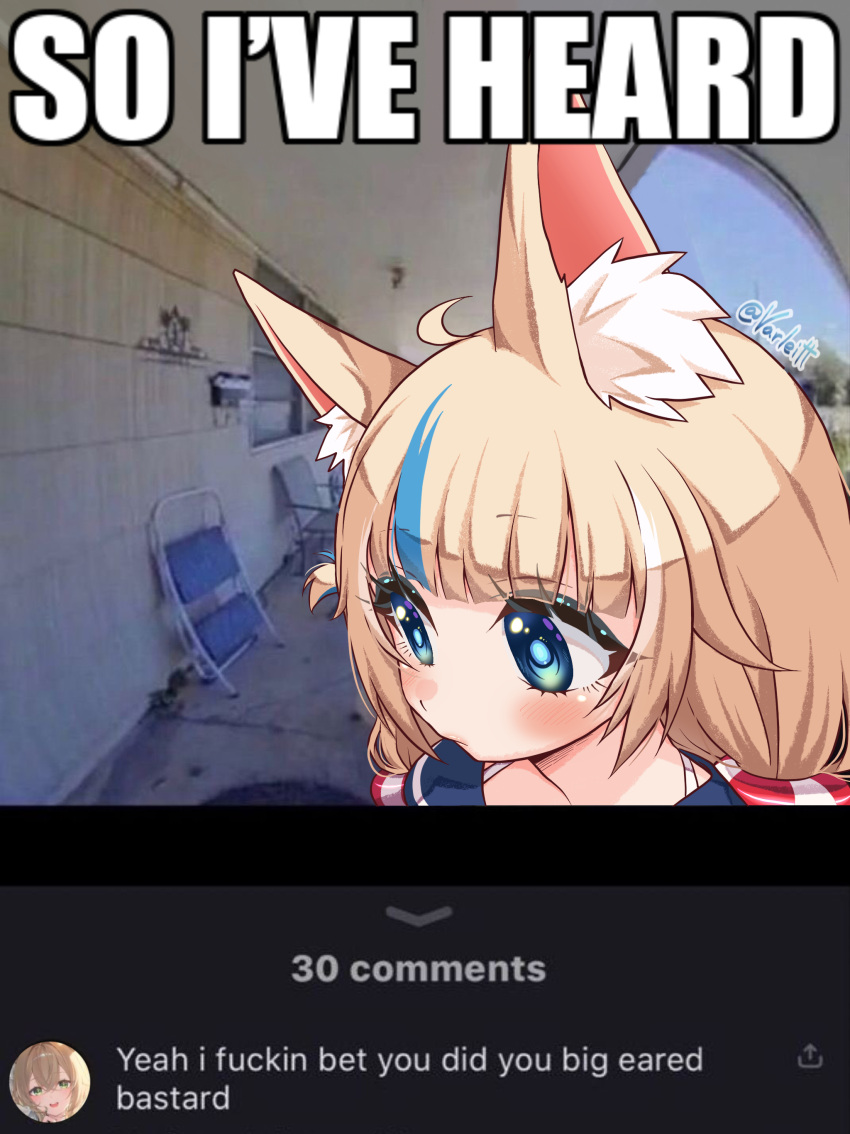 1girl, absurdres, animal_ear_fluff, animal_ears, blonde_hair, blue_eyes, blue_streaks, cat_ears