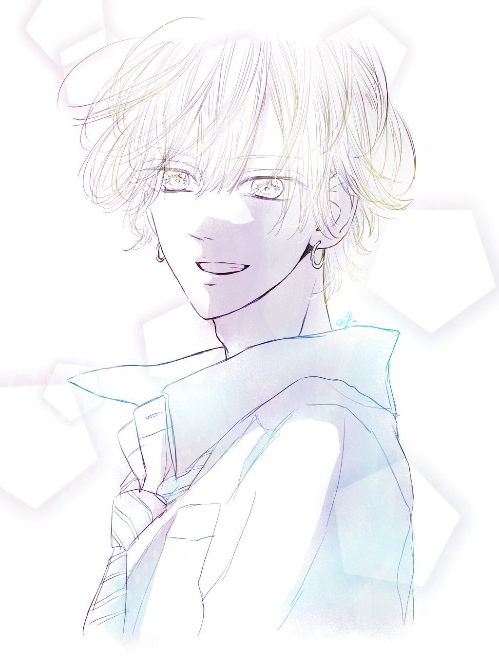 1boy, 89sen, adam's_apple, earrings, greyscale, highres, honey_lemon_soda, jewelry