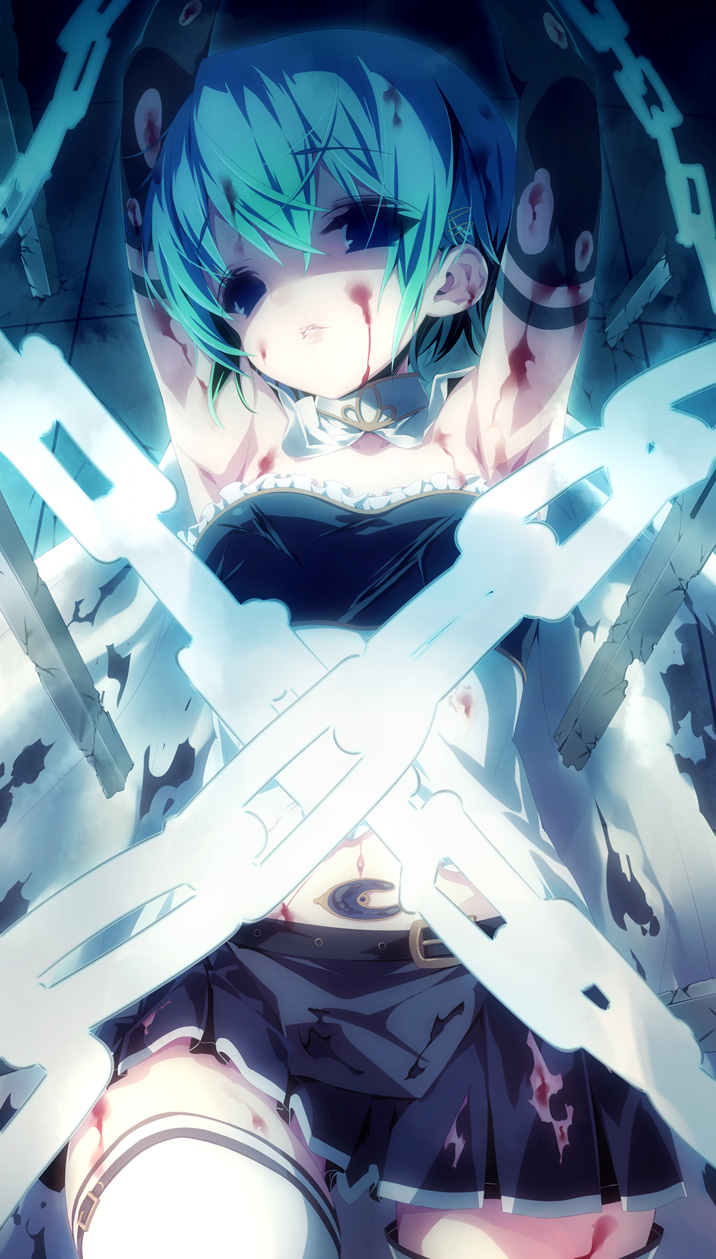 abuse, bdsm, blood, blood_on_clothes, blood_on_face, bloody_clothes, blue_eyes, blue_hair