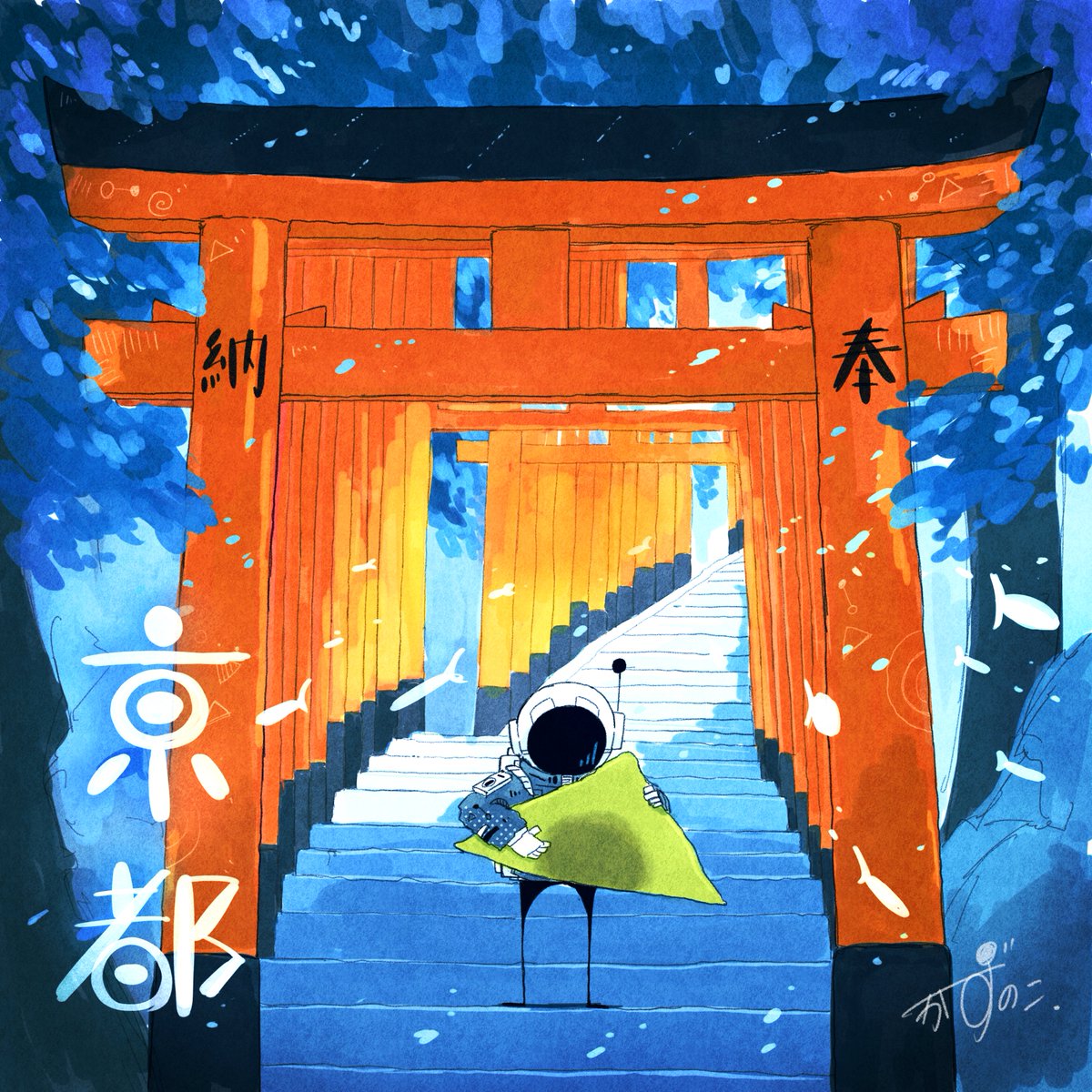 1other, artist_name, blue_jacket, commentary, facing_viewer, fish, flying_fish, food