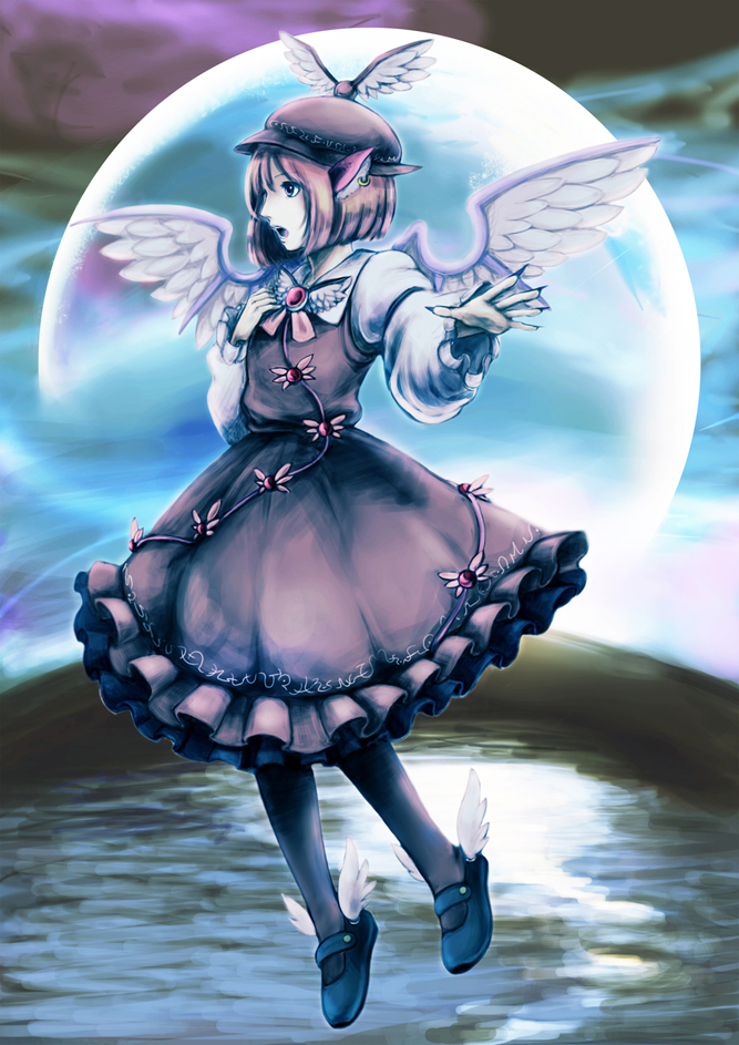 animal_ears, bad_id, blue_moon, bob_cut, bow, brown_legwear, dress, earrings