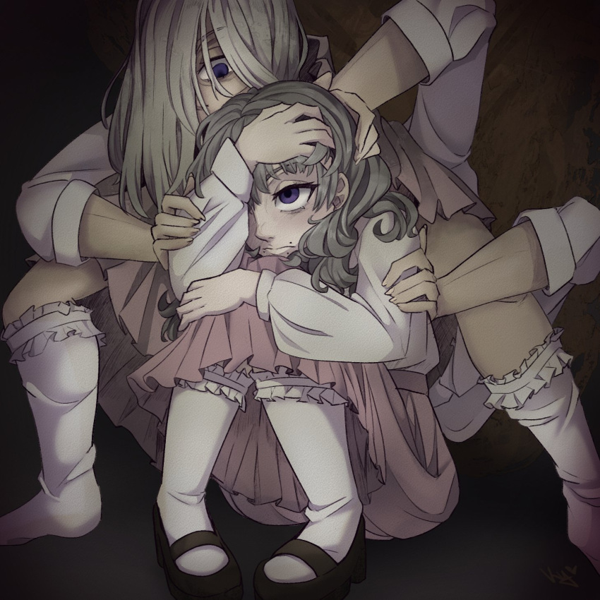 2girls, black_shoes, brown_background, brown_hair, closed_mouth, cocoon_(fear_&amp;_hunger), commentary, dual_persona