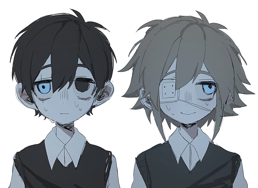 2boys, antenna_hair, basil_(faraway)_(omori), basil_(omori), black_eyes, black_hair, black_sweater_vest, blonde_hair