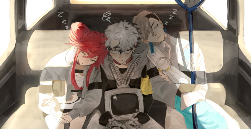1girl, armband, black_hair, blush, car_interior, choker, closed_eyes, closed_mouth, colored_tips, crop_top, earrings, gachiakuta, gloves, grey_gloves, grey_hair, highres, hood, hoodie, jacket, jewelry, long_hair, multicolored_hair, multiple_boys, pants, pnzlor, red_choker, red_eyes, red_hair, riyo_reaper, rudo_surebrec, shirt, short_hair, sleeping, spiky_hair, staff, tassel, tassel_earrings, television, two-tone_hair, white_hair, yellow_armband, zanka_nijiku, zzz