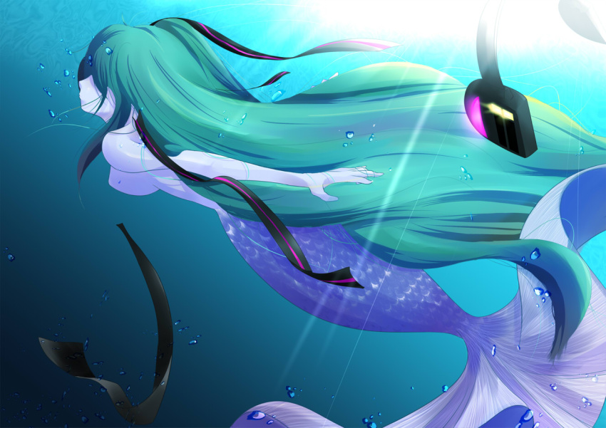 bad_id, green_hair, hair_ribbon, hatsune_miku, headphones, long_hair, mermaid, monster_girl