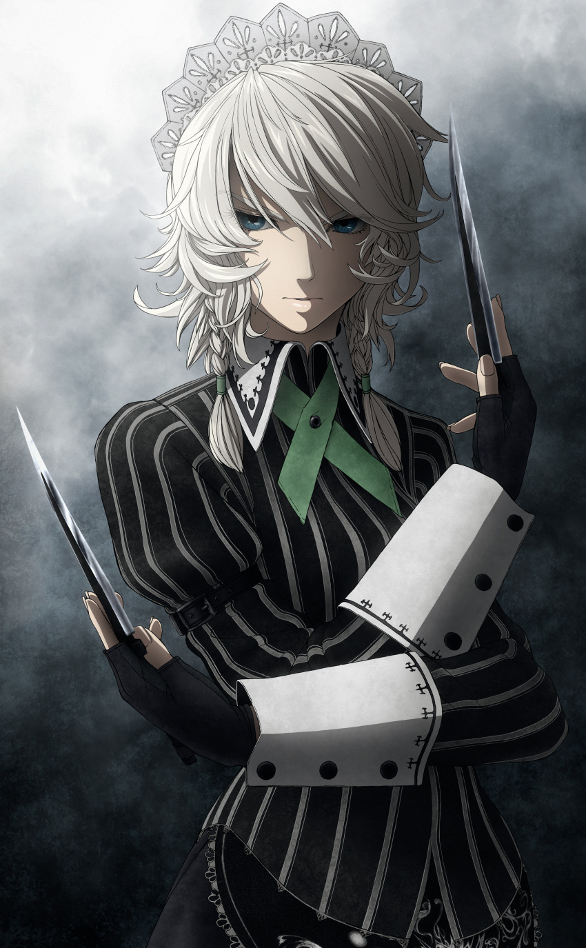 absurdres, blue_eyes, braid, bust, dual_wielding, eyes, face, fingerless_gloves