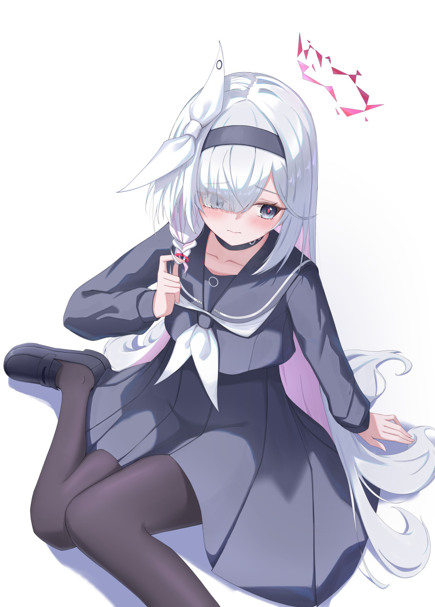 1girl, 3:, absurdres, arm_support, black_choker, black_hairband, black_pantyhose, black_sailor_collar, black_serafuku, black_shirt, black_shoes, black_skirt, blue_archive, blunt_bangs, blush, bow, braid, choker, closed_mouth, colored_inner_hair, commentary, dere_mono_j, distorted_halo, embarrassed, eyelashes, eyes_visible_through_hair, foot_out_of_frame, from_above, furrowed_brow, hair_bow, hair_over_one_eye, hairband, halo, hand_up, high-waist_skirt, highres, loafers, long_bangs, long_hair, long_sleeves, looking_to_the_side, mismatched_pupils, multicolored_hair, neckerchief, pantyhose, pink_hair, plana_(blue_archive), playing_with_own_hair, pleated_skirt, red_halo, red_pupils, sailor_collar, school_uniform, serafuku, shadow, shirt, shoes, simple_background, single_braid, sitting, skirt, solo, straight_hair, sweatdrop, very_long_hair, wariza, white_background, white_bow, white_hair, white_neckerchief