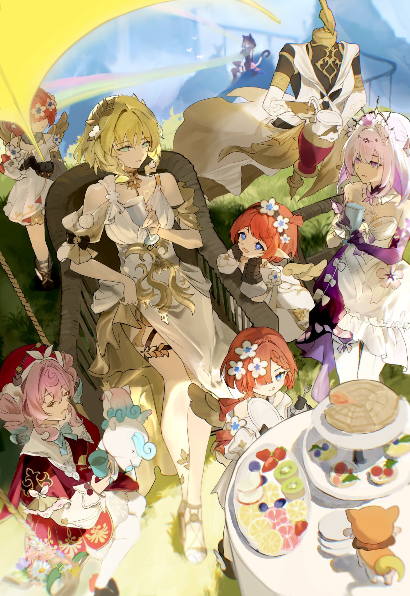 6+girls, aglaea_(honkai:_star_rail), ancient_greek_clothes, angel_wings, animal_ears, aqua_hair, blue_eyes, breast_tattoo