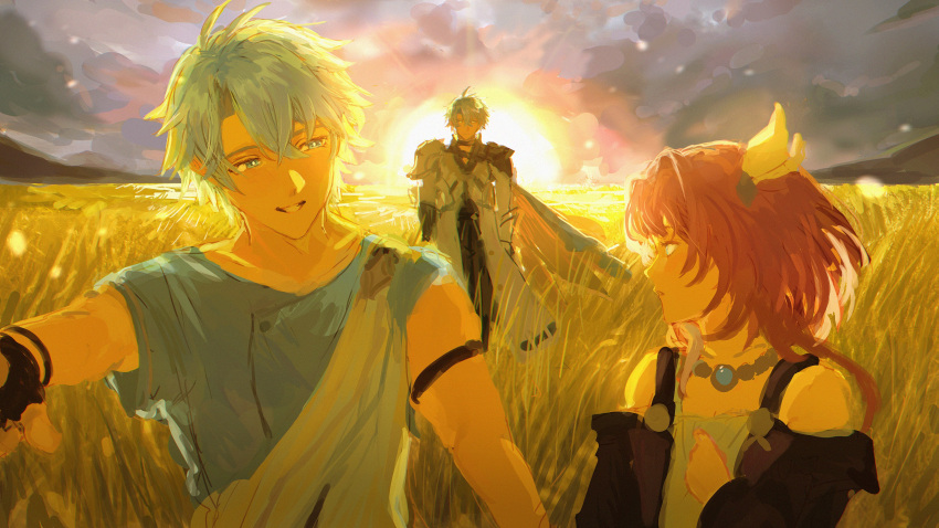 1boy, 1girl, absurdres, ahoge, bare_shoulders, blue_eyes, blue_shirt, breasts